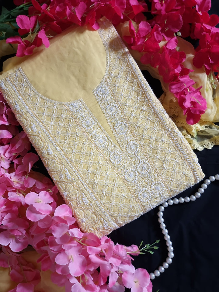 Unstitched Cotton Hand Embroidered Chikankari Dress Material with Cutdana, Resham & Badla Work | Pure Chiffon Dupatta | Lucknowi Artistry