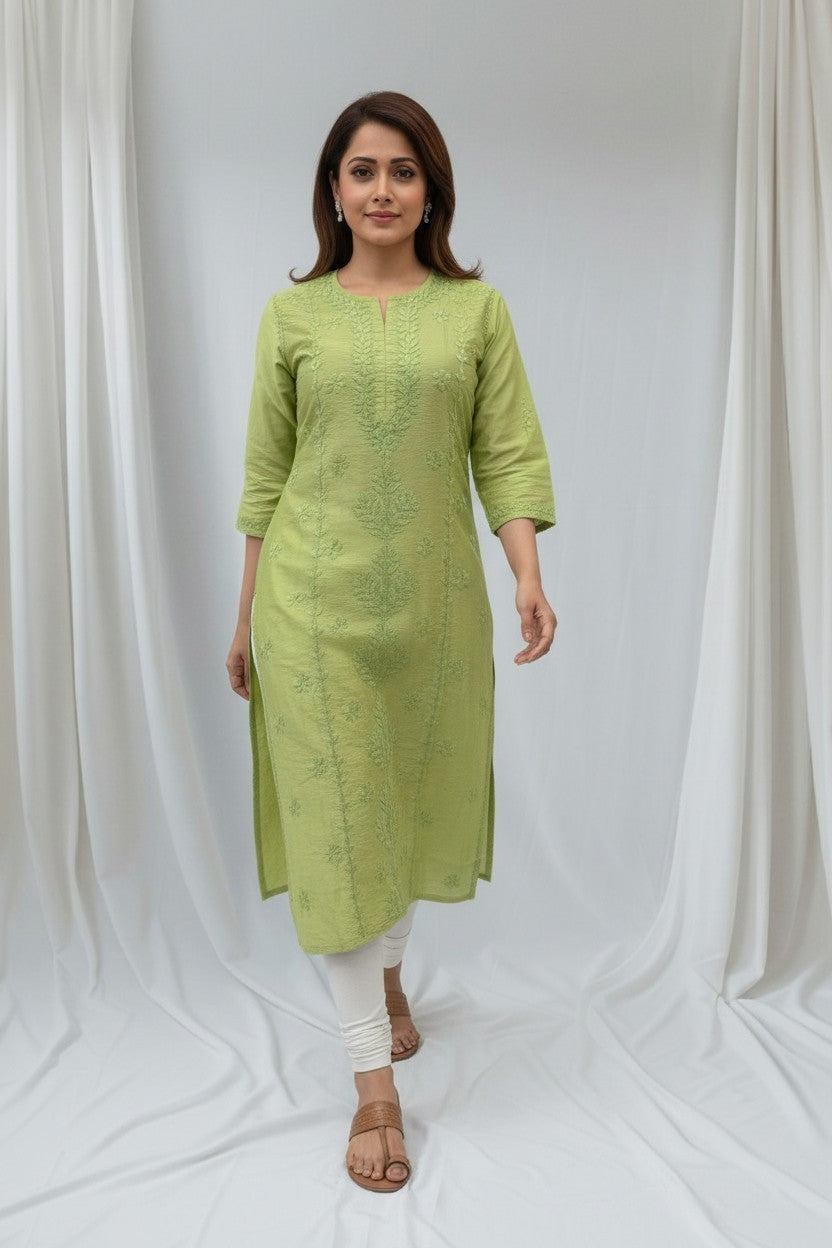 Heena Chanderi Chikankari Kurti – 100% Hand Embroidered, Non-Transparent
