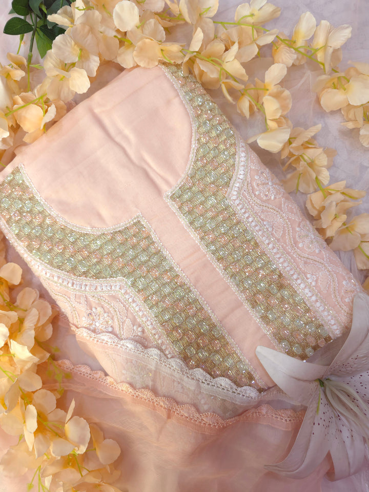 Afreen Premium Hand Embroidered Chikankari Cotton Unstitched Dress Material with Pure Chiffon Dupatta
