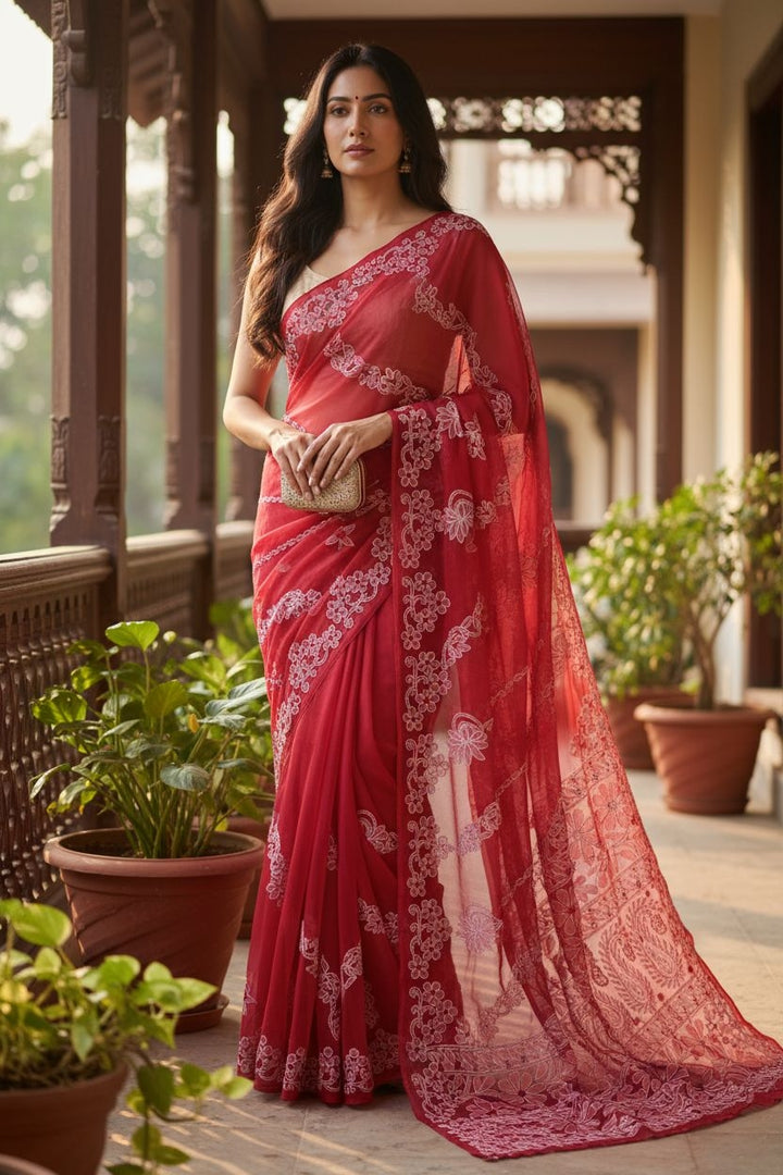 Red Georgette Designer Chikankari Saree with Blouse – 100% Hand Embroidery, Authentic Lucknowi Craft