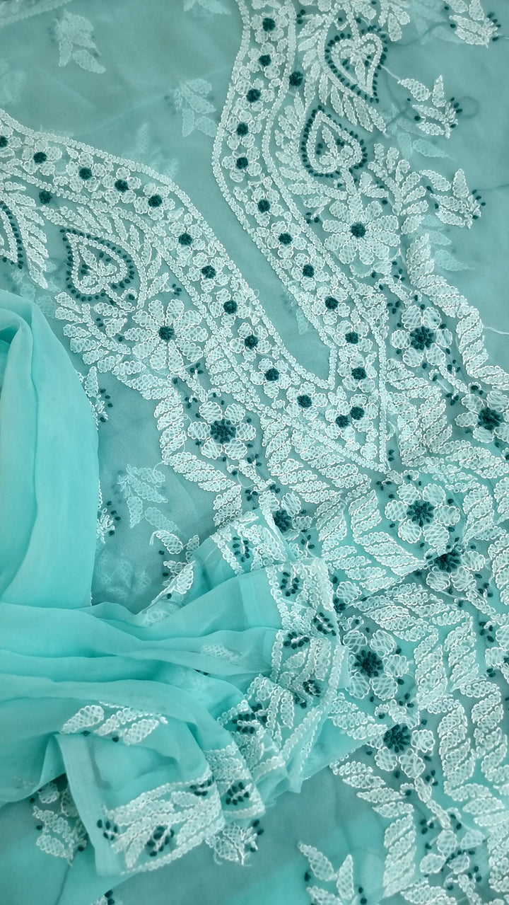 "Paridhan Chikan Sea Green Color Georgette Lucknowi Chikankari Unstitched Suit Set – Hand Embroidered Kurta, Bottom & Dupatta for Women"