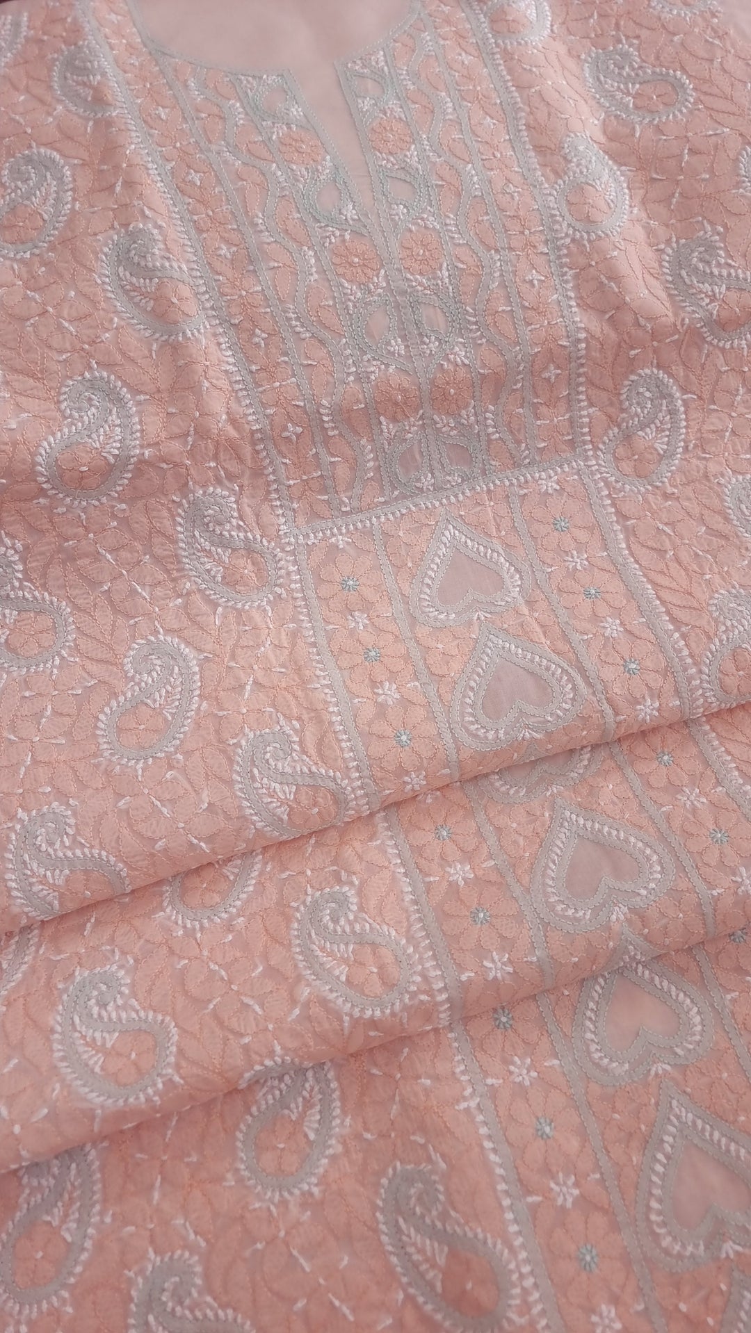 Lucknow Chikankari Hand Embroidered Cotton Dress Material with Tri-Color Motifs & Pure Chiffon Dupatta