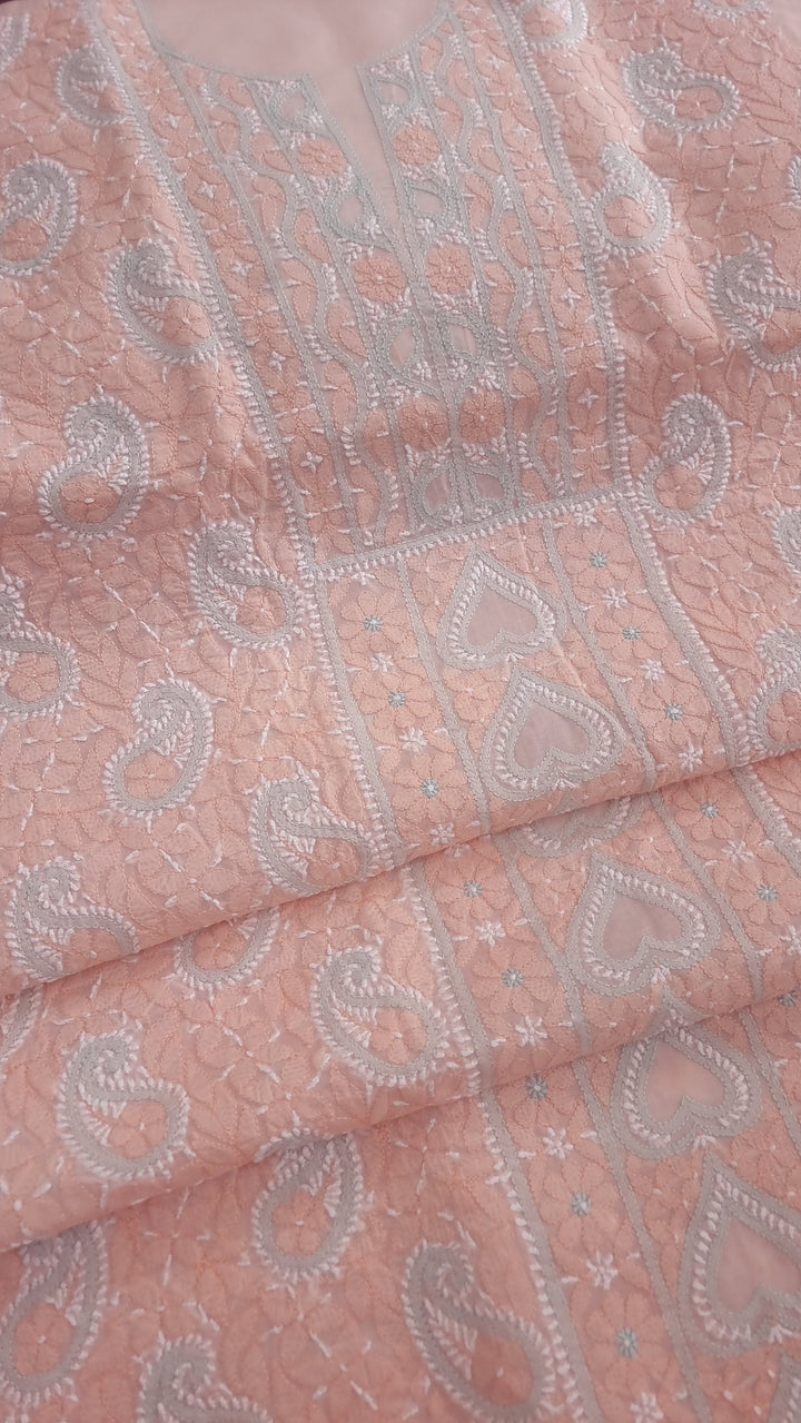 Lucknow Chikankari Hand Embroidered Cotton Dress Material with Tri-Color Motifs & Pure Chiffon Dupatta