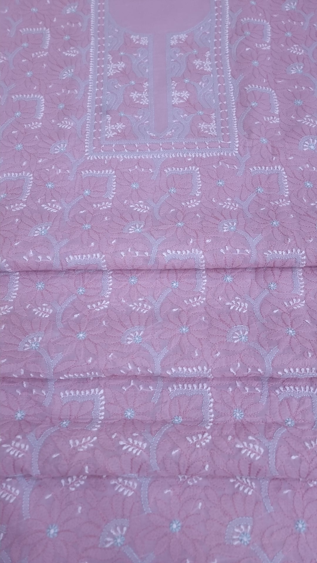 Lucknow Chikankari Hand Embroidered Cotton Dress Material with Tri-Color Motifs & Pure Chiffon Dupatta