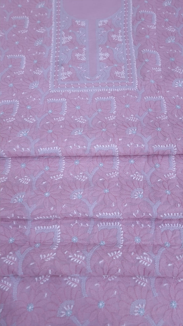 Lucknow Chikankari Hand Embroidered Cotton Dress Material with Tri-Color Motifs & Pure Chiffon Dupatta