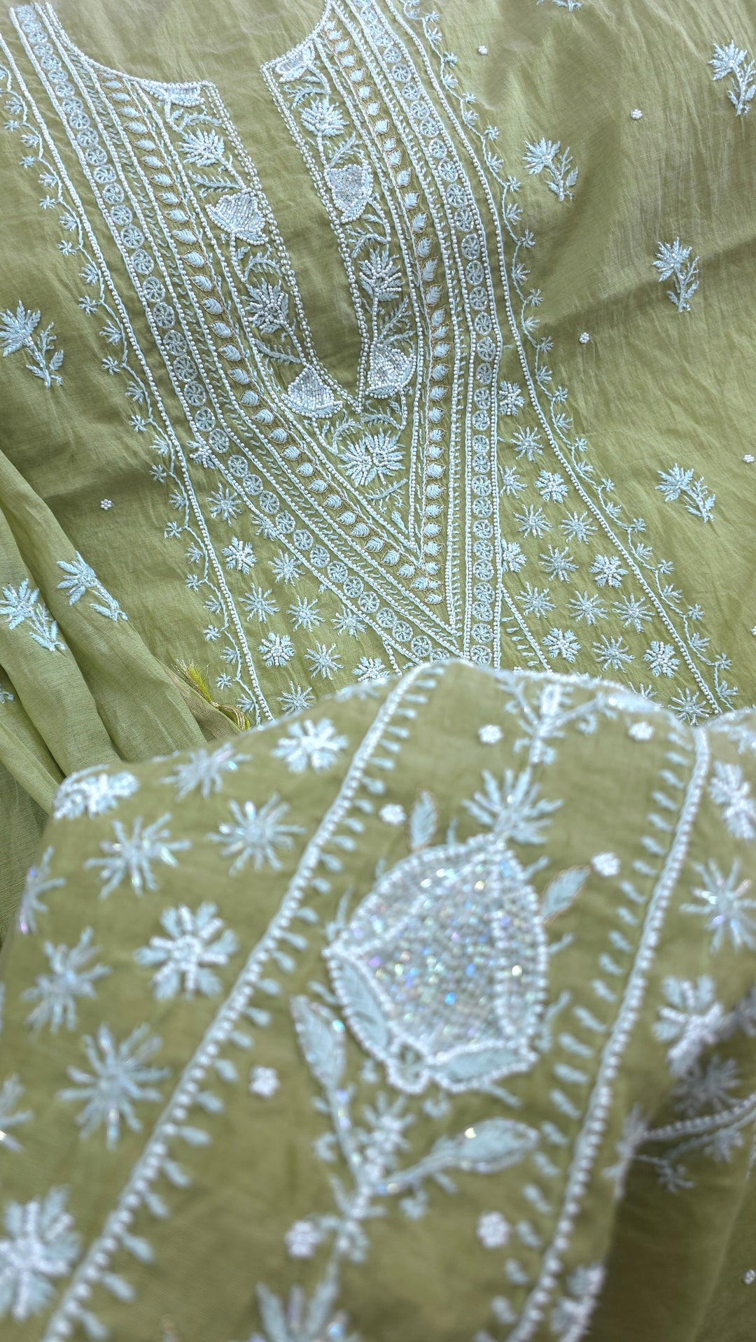 Premium Mul Chanderi Pearl, Cutdana & Kasab Hand Embroidered Unstitched Suit Set