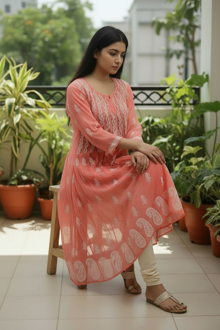 Georgette Lucknowi Chikankari 50" Long Anarkali Kurti | 100% Hand Embroidered| No Shrinkage