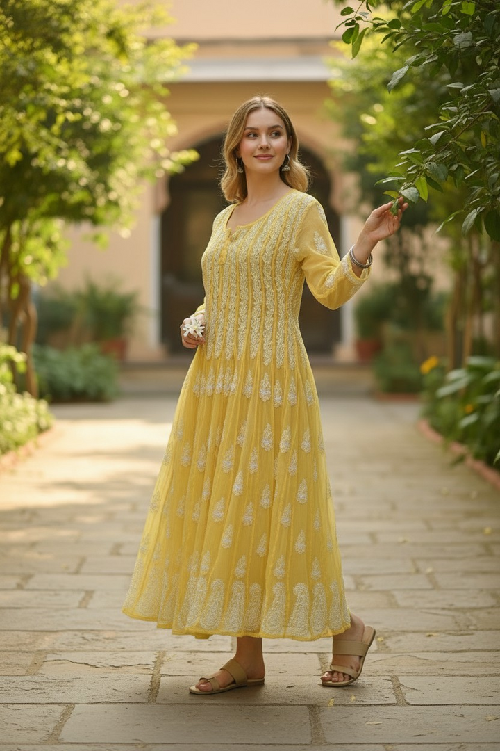 Georgette Lucknowi Chikankari 50" Long Anarkali Kurti | 100% Hand Embroidered| No Shrinkage