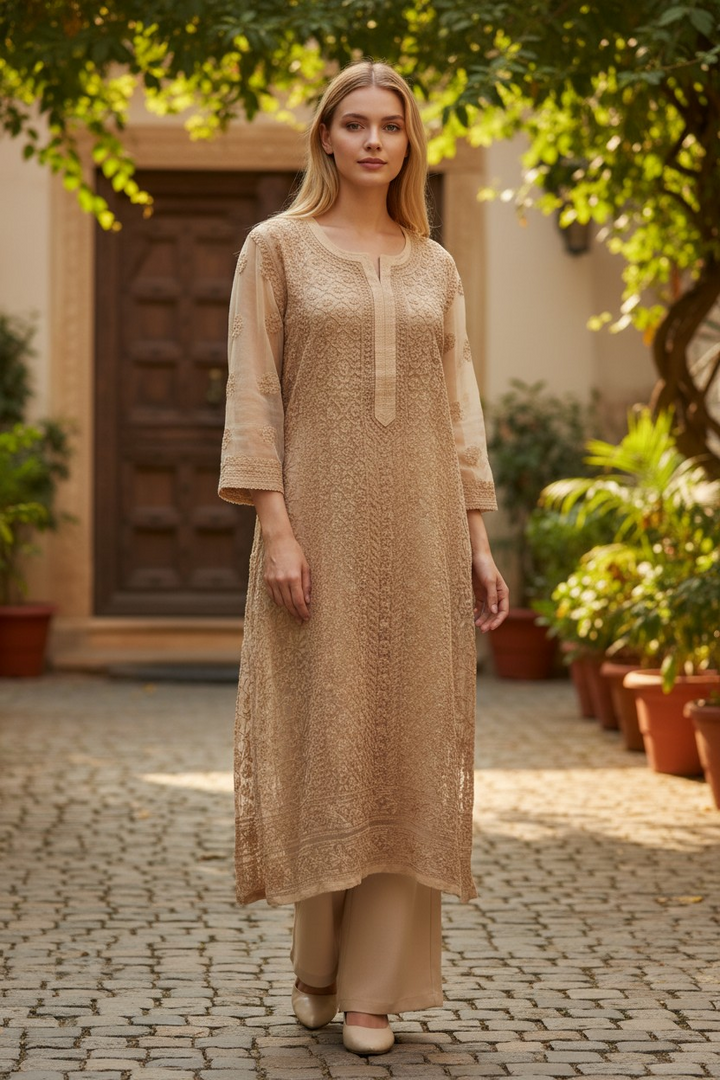 Georgette chikankari long kurti
