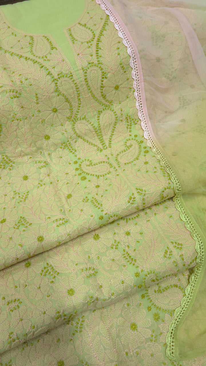Lucknow Chikankari Hand Embroidered Cotton Dress Material with Tri-Color Motifs & Pure Chiffon Dupatta