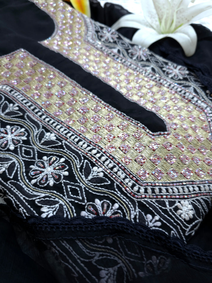 Premium Hand Embroidered Chikankari Cotton Unstitched Dress Material with Pure Chiffon Dupatta