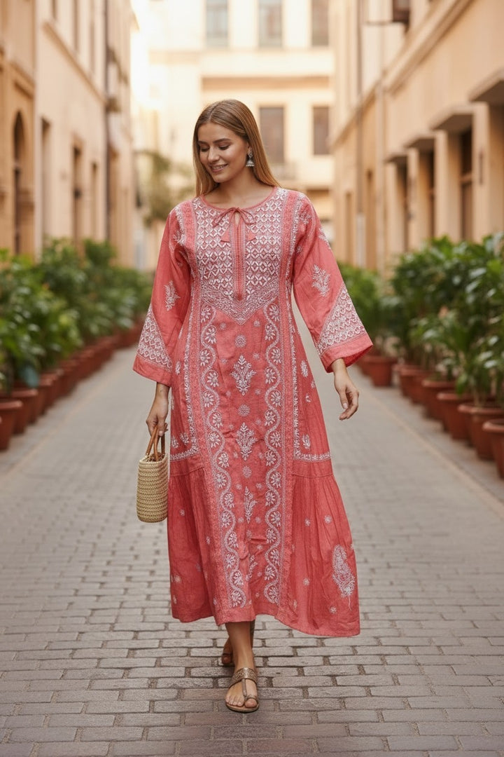 Pure Muslin luxurious long dress with *2 taar chikankari work* Length 50 " approx