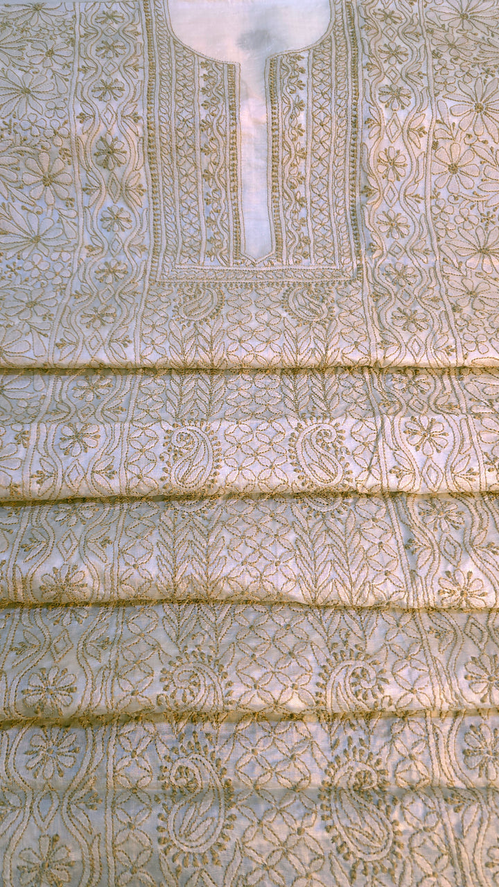Pure Paper Silk Chikankari Fabric | Full Jaal Hand Embroidery Kurta Fabric for Women