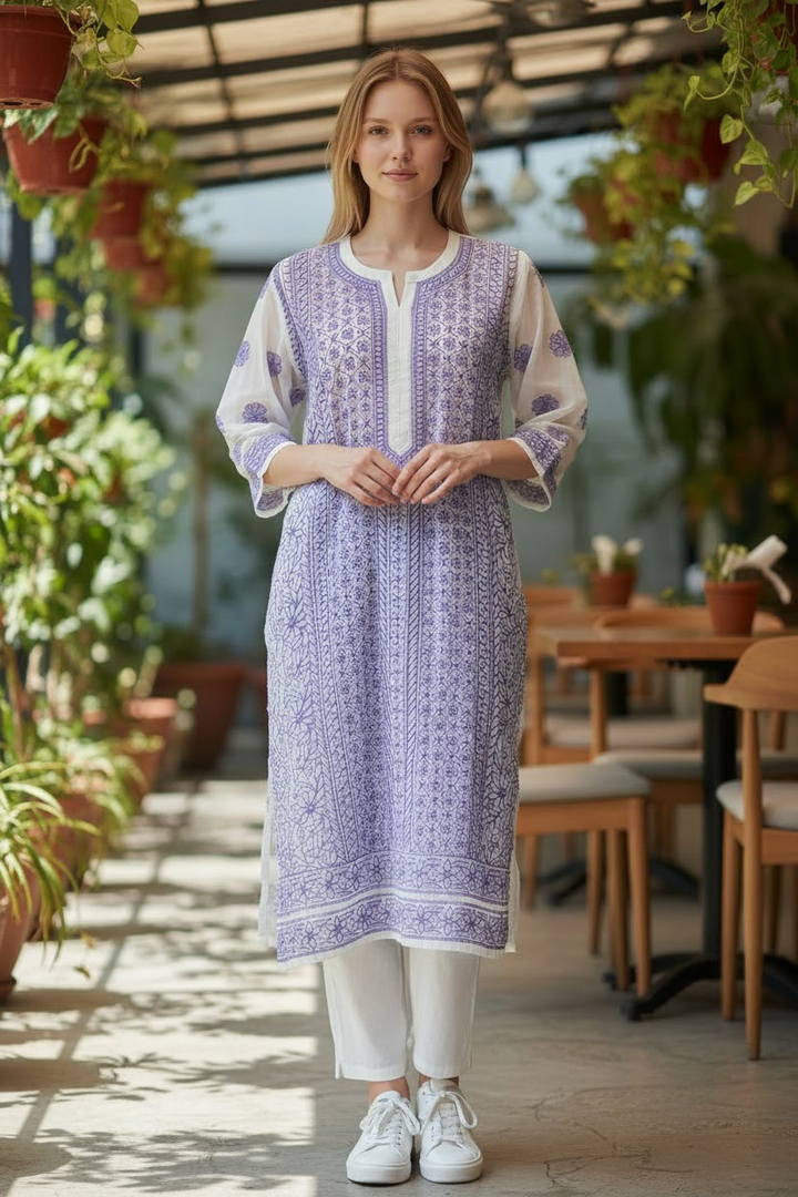 Georgette chikankari long kurti