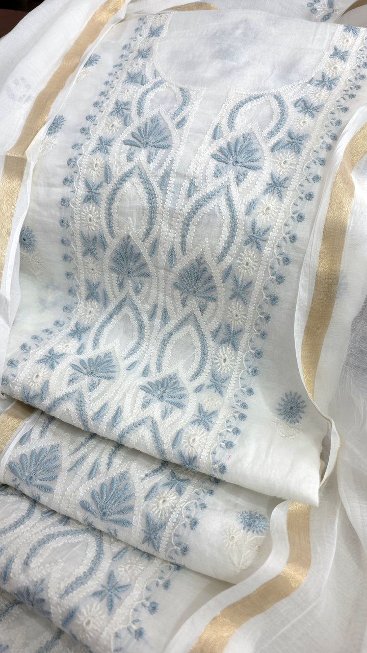 Pure Mul Chanderi 2 Taar Hand Embroidered Chikankari Unstitched Kurta (3 M) with Dupatta (2.5 M) – Lucknowi Festive Collection