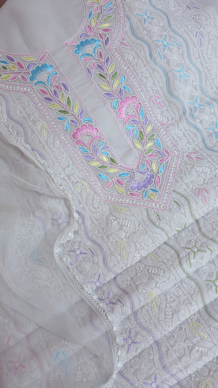 Nafasat Cotton Resham Neckline chikankari dress material