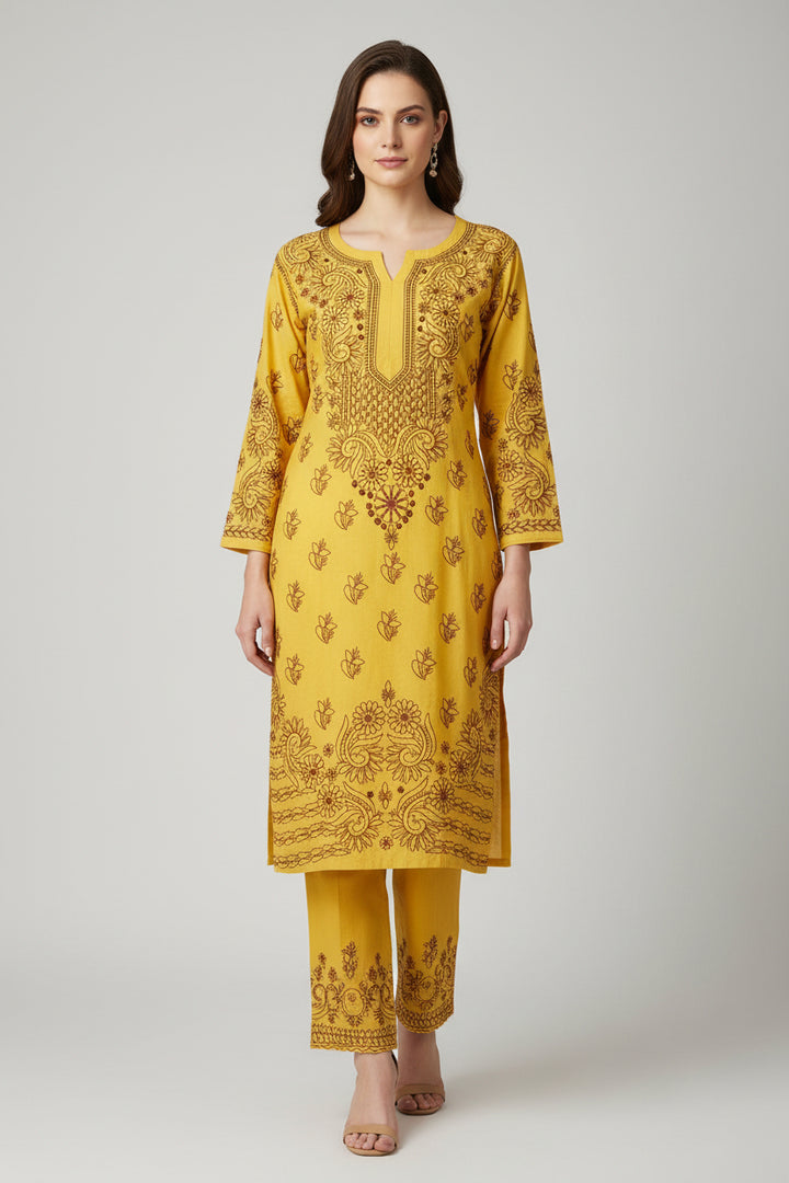 Soft Cotton Polo Fabric Lucknowi Chikankari Long Kurti | 100% Hand Embroidered | Non-Transparent | No Shrinkage