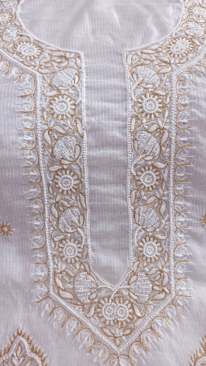 Pure Maheshwari Dyeable Chikankari Kurta Dupatta Set | Hand Embroidered 2 Taar Kurta with Kasab, Pearl & Cutdaana Work