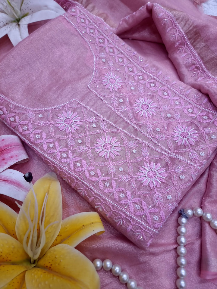 Soft Tissue Chikankari Unstitched Dress Material | 3 Taar Hand Embroidery with Pearl & Cutdana Work + Golden Border Dupatta