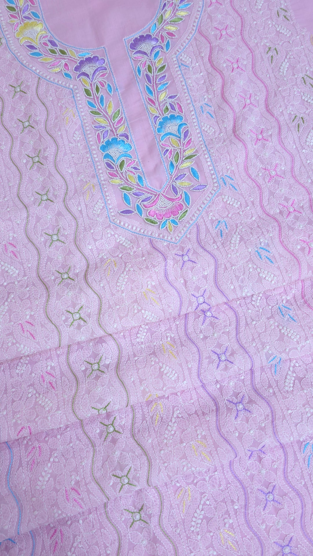 Cotton Resham Neckline chikankari dress material- Pink