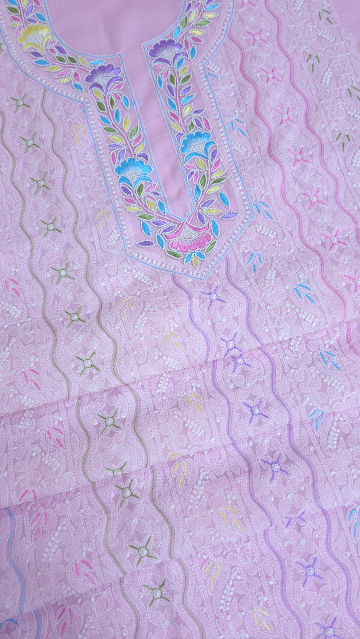 Cotton Resham Neckline chikankari dress material- Pink