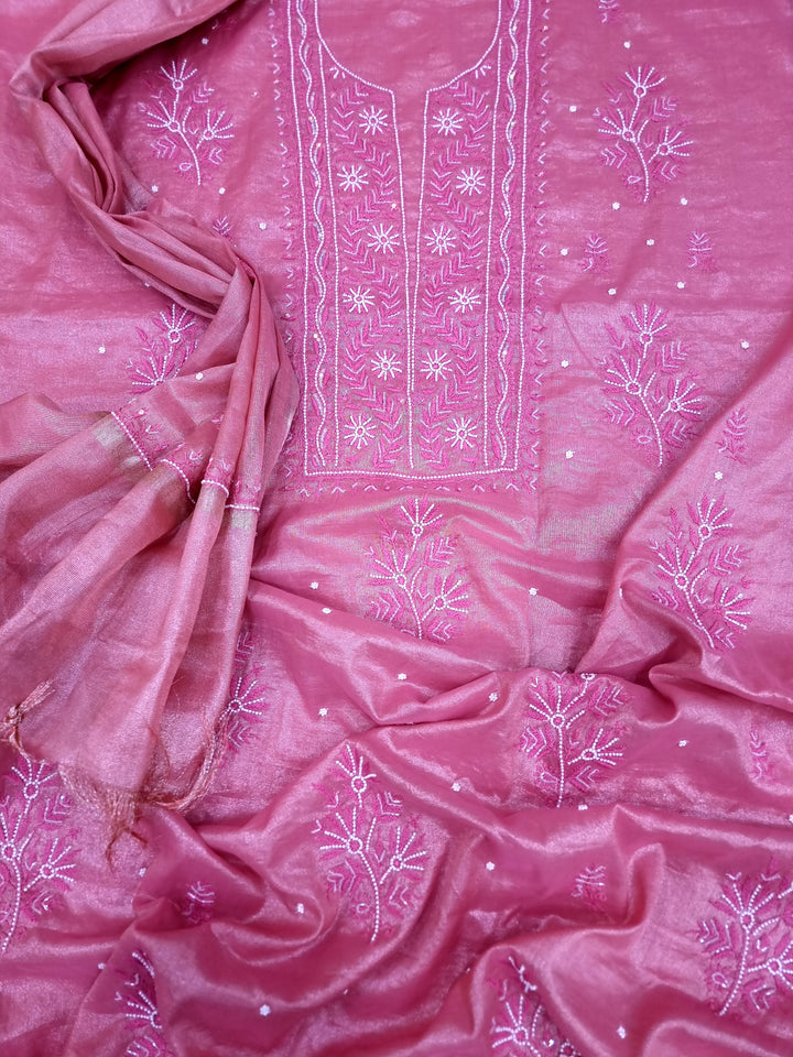 Soft Tissue Chikankari Unstitched Dress Material | 3 Taar Hand Embroidery with Pearl & Cutdana Work + Golden Border Dupatta