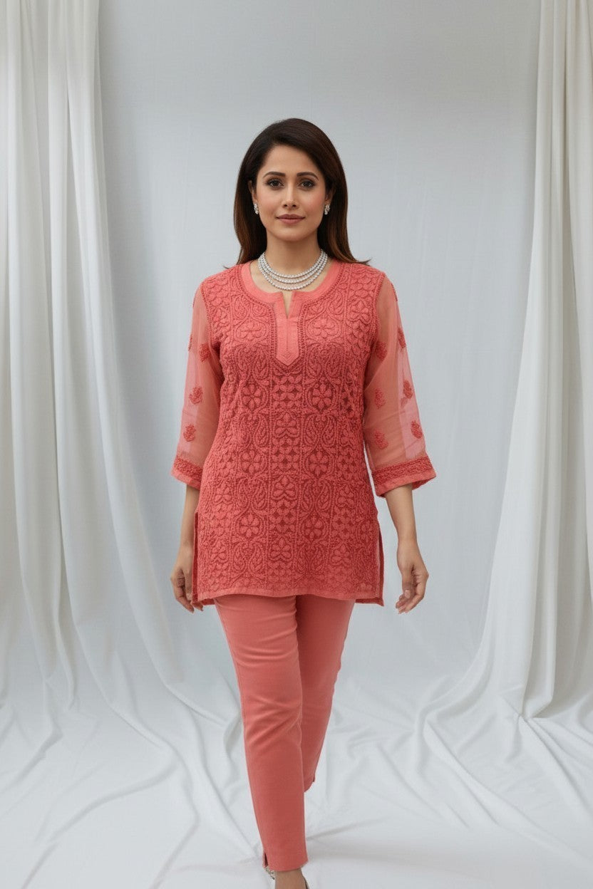 Siya Premium Faux Georgette Chikankari short  Top |28" approx long/Lucknow Hand Embroidery  | Paridhan Chikan