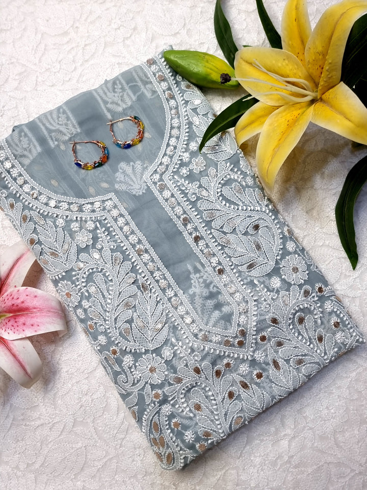 Faux Georgette Chikankari Hand Embroidered Unstitched Kurta Fabric with Gota Patti – 3 Meter