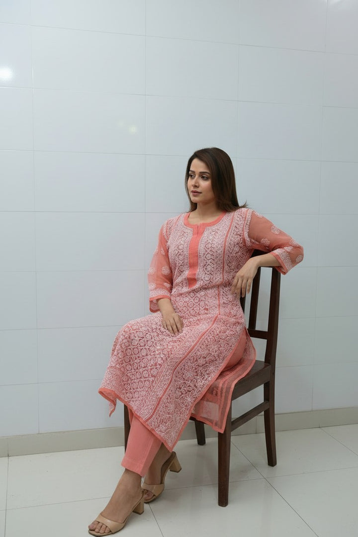 Mahi Women's Chikankari Georgette Full Embroidered Kurta | Hand Embroidered Lucknowi Ethnic Wear