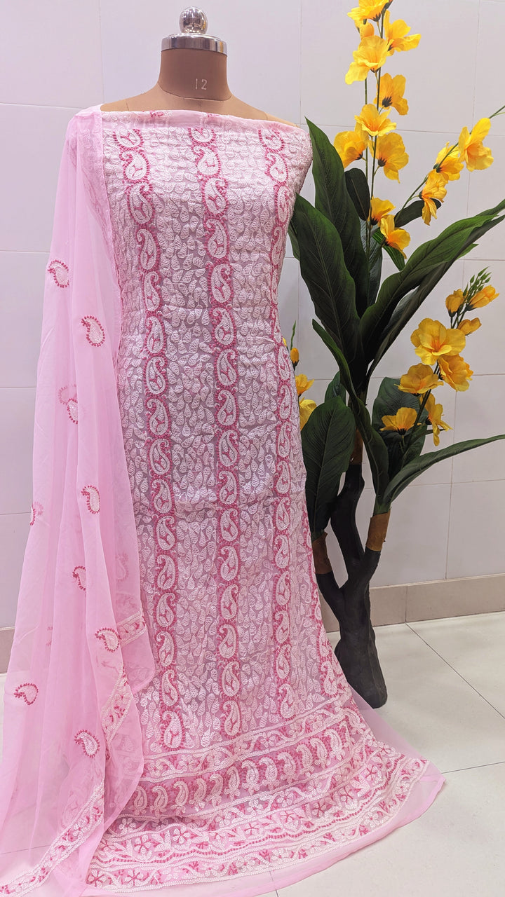 Unstitched Georgette Chikankari Dress Material | Hand Embroidered Kurta, Bottom & Dupatta
