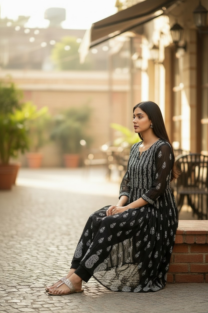 Georgette Lucknowi Chikankari 50" Long Anarkali Kurti | 100% Hand Embroidered| No Shrinkage