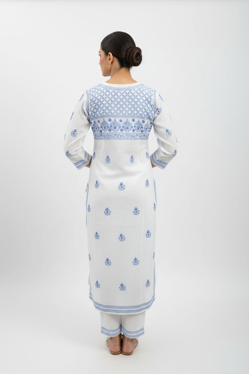 Pure Cotton Linen Lucknowi Chikankari Long Kurti | 100% Hand Embroidered | Non-Transparent | No Shrinkage