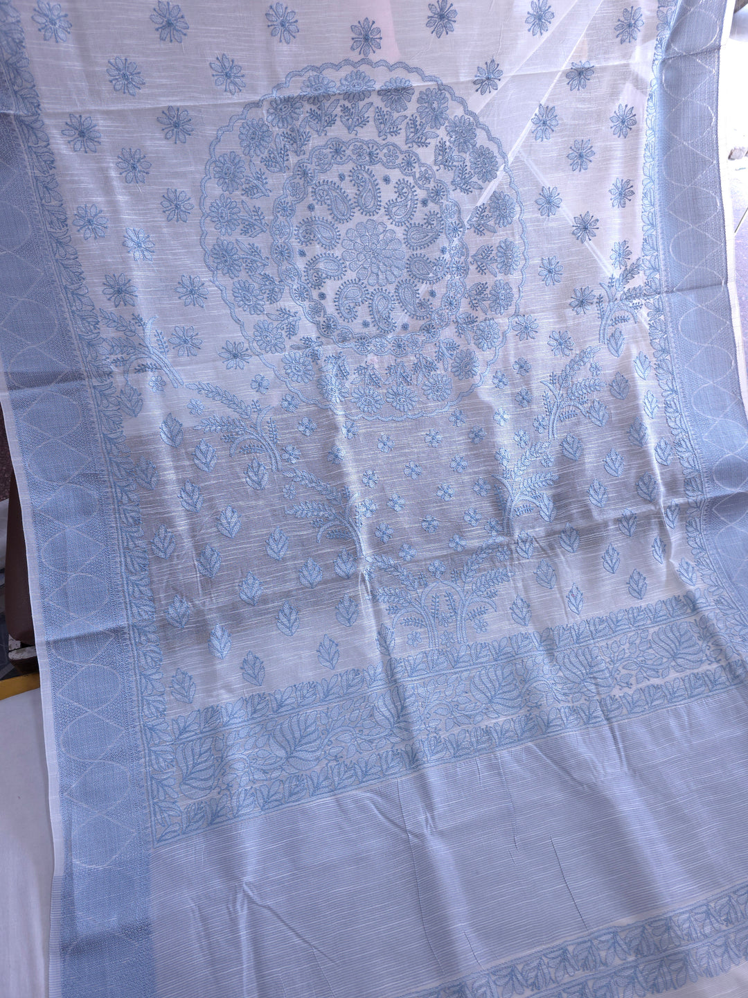 Hand Embroidered Chikankari Banarasi Silk Saree with Intricate Border & Palla Pattern – Includes  Blouse | Paridhan Chikan