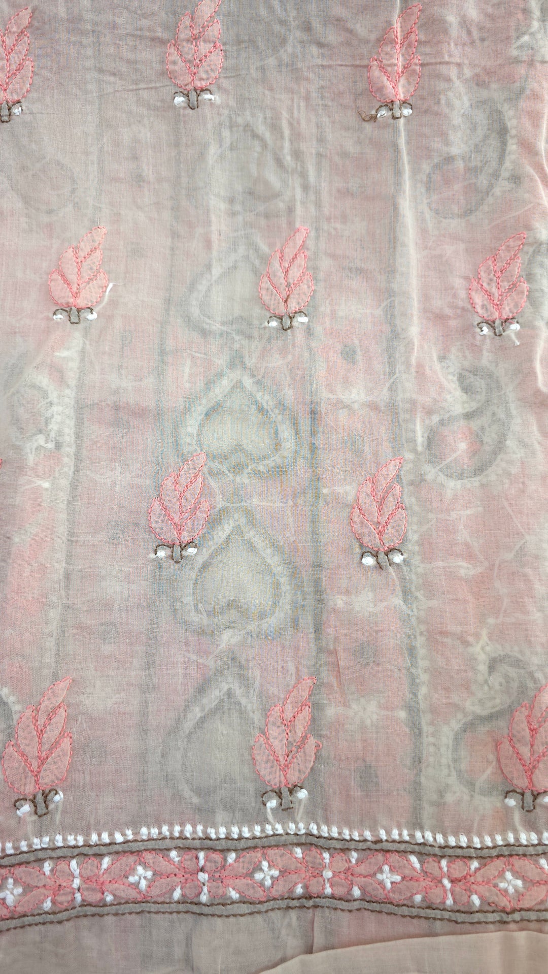 Lucknow Chikankari Hand Embroidered Cotton Dress Material with Tri-Color Motifs & Pure Chiffon Dupatta