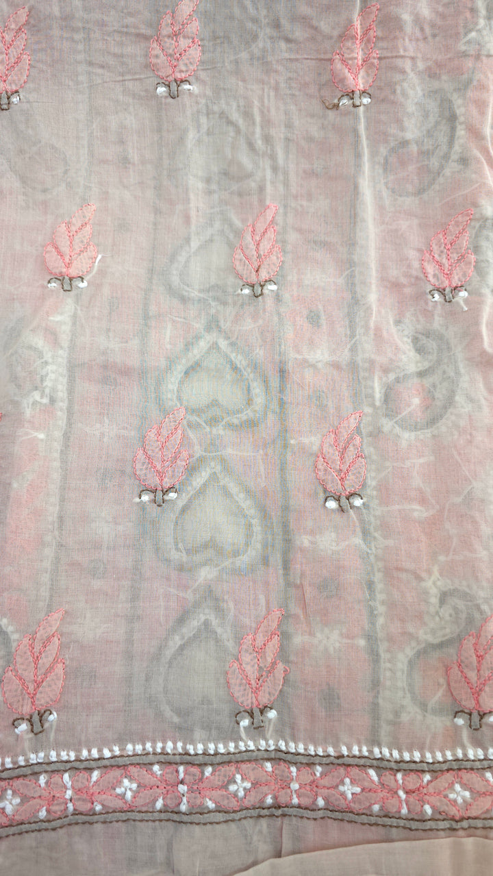 Lucknow Chikankari Hand Embroidered Cotton Dress Material with Tri-Color Motifs & Pure Chiffon Dupatta