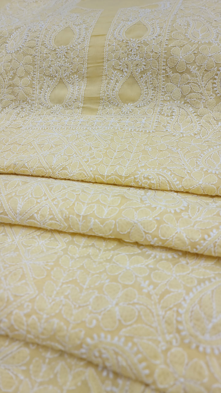 "Pastel Yellow Lucknowi Chikankari Unstitched Cotton Suit Set – Kurta, Bottom & Dupatta by Paridhan Chikan"