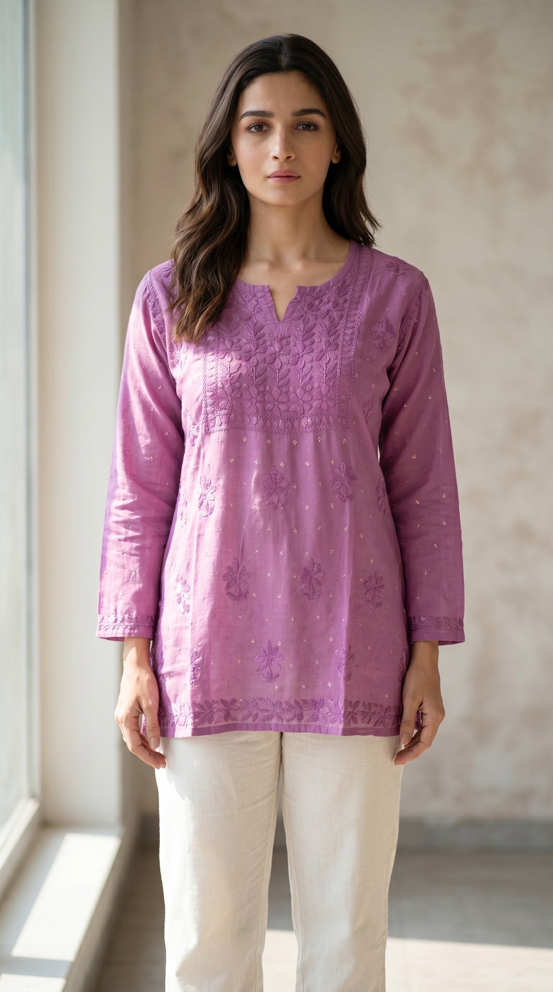 Alia Chikankari Chanderi Golden Zari Buti Short Top for Women | Soft & Non-Transparent | Paridhan Chikan