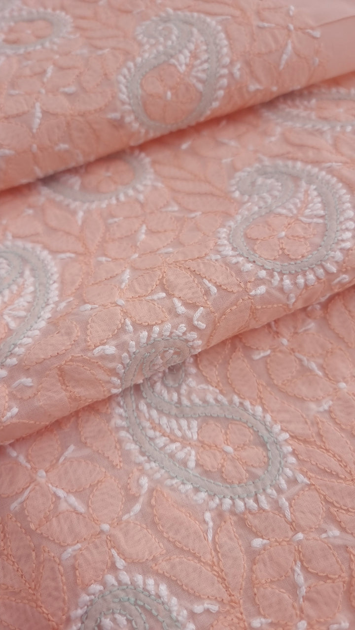 Lucknow Chikankari Hand Embroidered Cotton Dress Material with Tri-Color Motifs & Pure Chiffon Dupatta