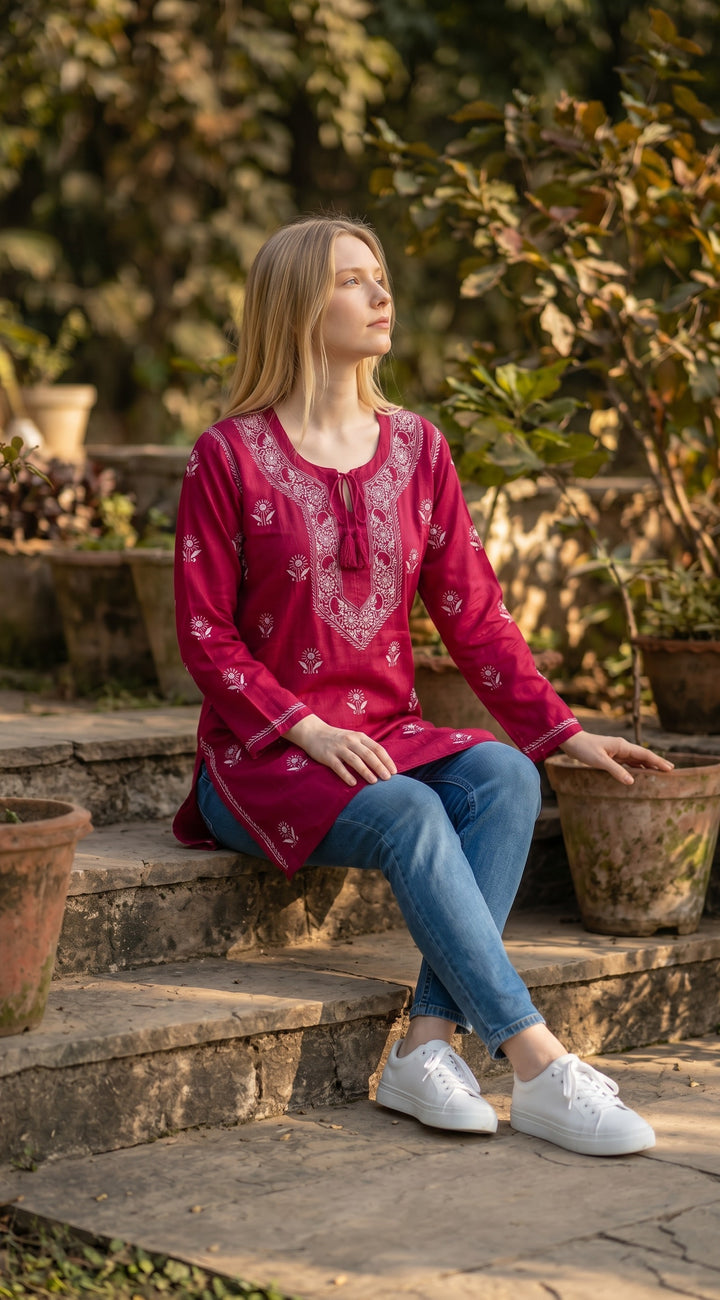 Women's Modal Satin Chikankari Top – Authentic 2 Taar Hand Embroidery