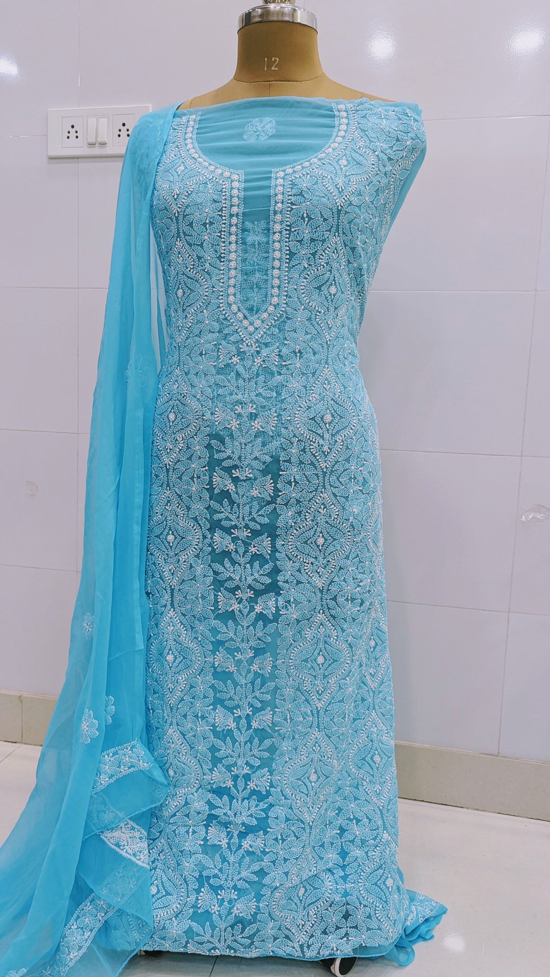 Unstitched Georgette Chikankari Dress Material | Hand Embroidered Kurta, Bottom & Dupatta