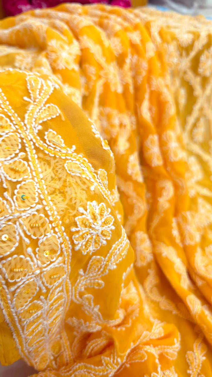 Pearl Chikankari Saree on Faux Georgette with Matching Blouse | Hand Embroidered Lucknowi Saree | Paridhan Chikan Heritage Collection