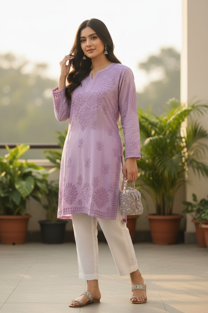 Non transparent Soft Chanderi Chikankari Top 32" length