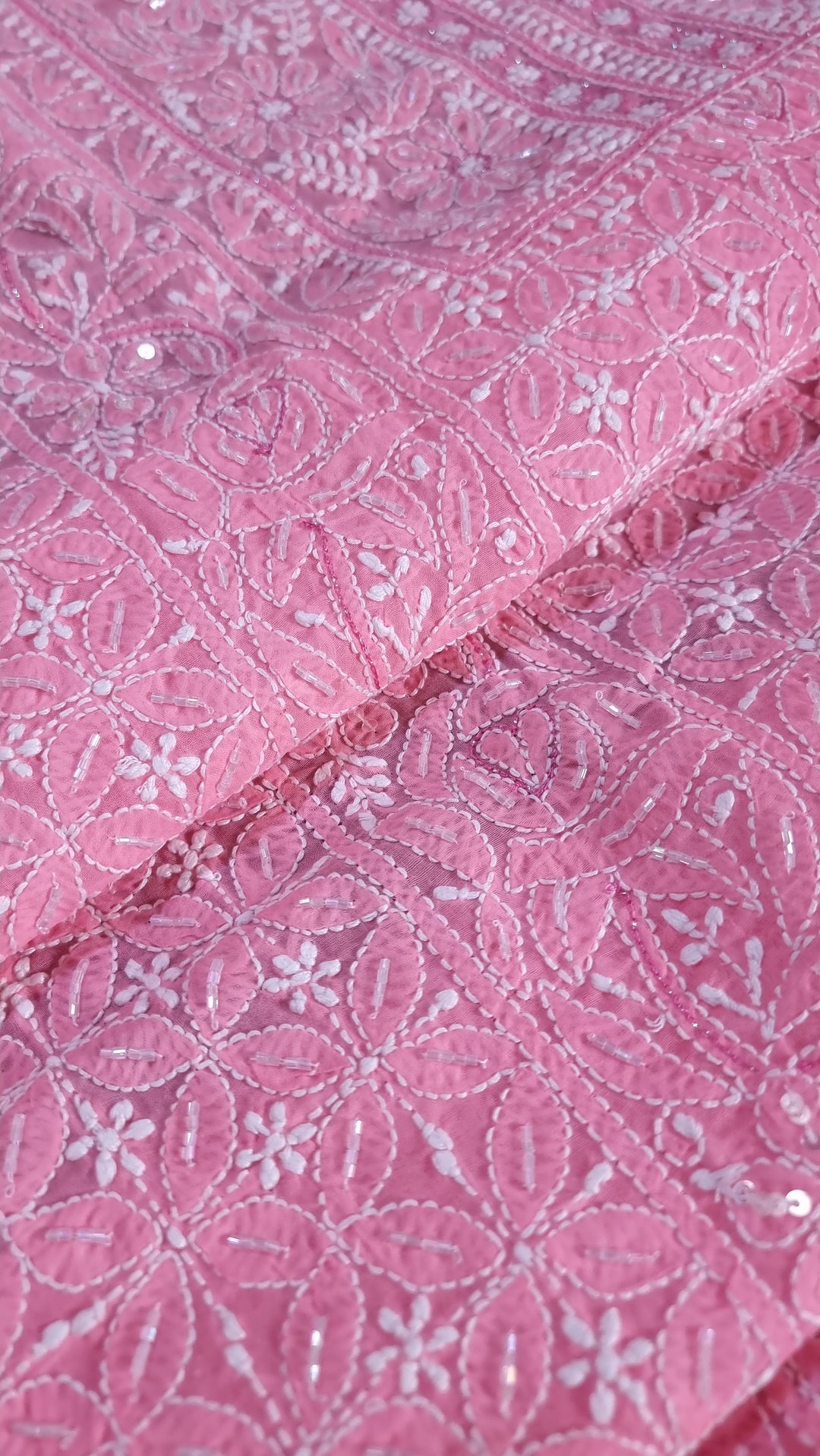 Unstitched Cotton Hand Embroidered Chikankari Dress Material with Cutdana, Resham & Badla Work | Pure Chiffon Dupatta | Lucknowi Artistry