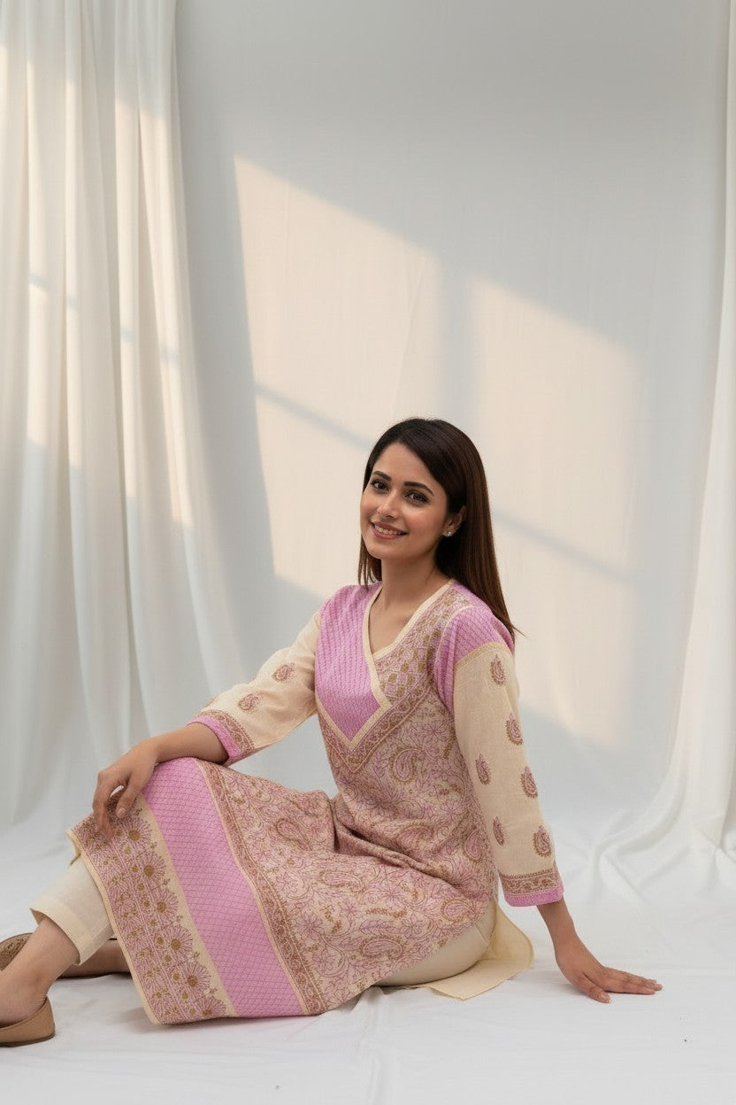 Jia Cotton Chikankari Hand Embroidered Kurti for Women | Premium  | 48 Inch approx Length | Lucknowi Chikan Kurta