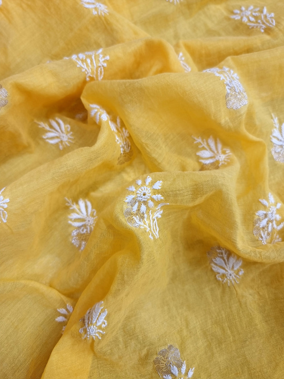 Pure Mul Chanderi Jacquard 2 Taar Hand Embroidered Chikankari Unstitched Kurta (3 M) with Dupatta (2.5 M) – Lucknowi Festive Collection