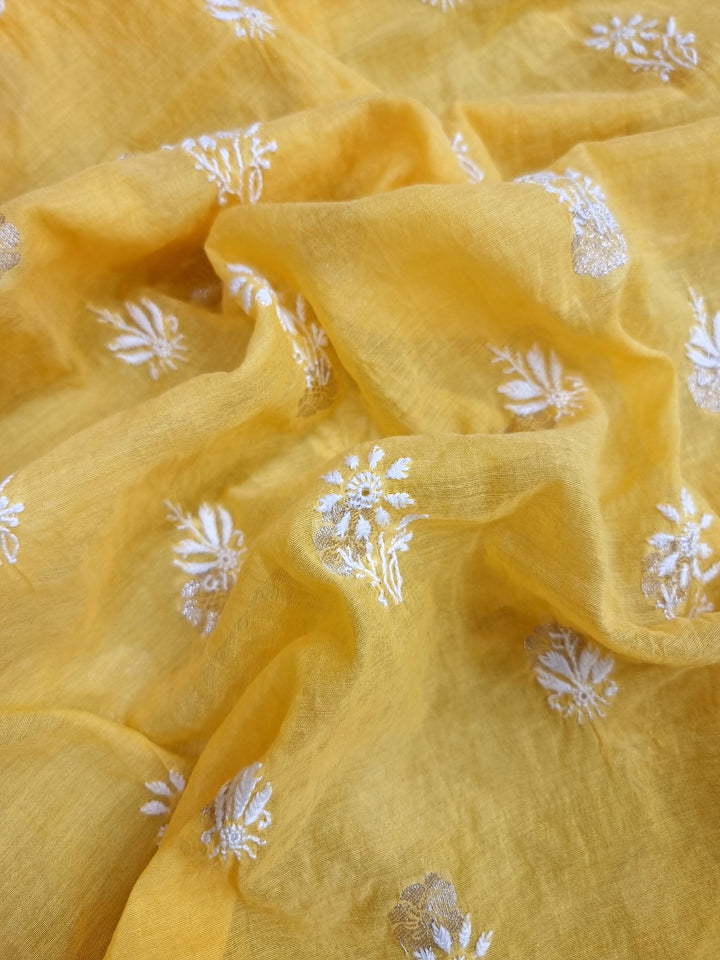 Pure Mul Chanderi Jacquard 2 Taar Hand Embroidered Chikankari Unstitched Kurta (3 M) with Dupatta (2.5 M) – Lucknowi Festive Collection