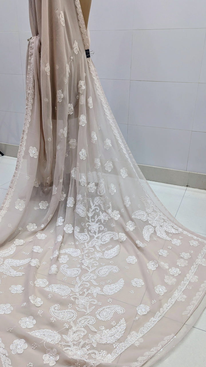 Faux Georgette Hand Chikankari Saree with Exclusive Border & Palla Design | Embroidered Blouse Included | Authentic Lucknow Handicraft by Paridhan Chikan