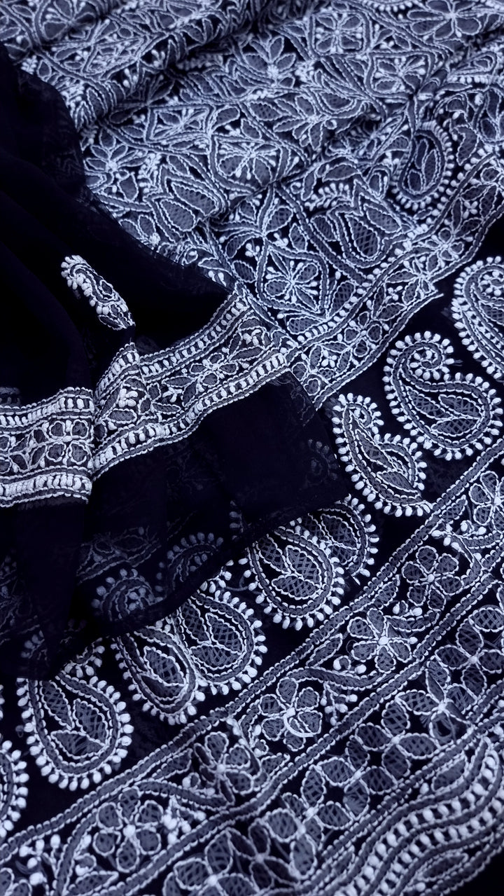 Faux Georgette Chikankari Unstitched Dress Material – Hand Embroidered Kurta, Dupatta & Bottom Premium Set