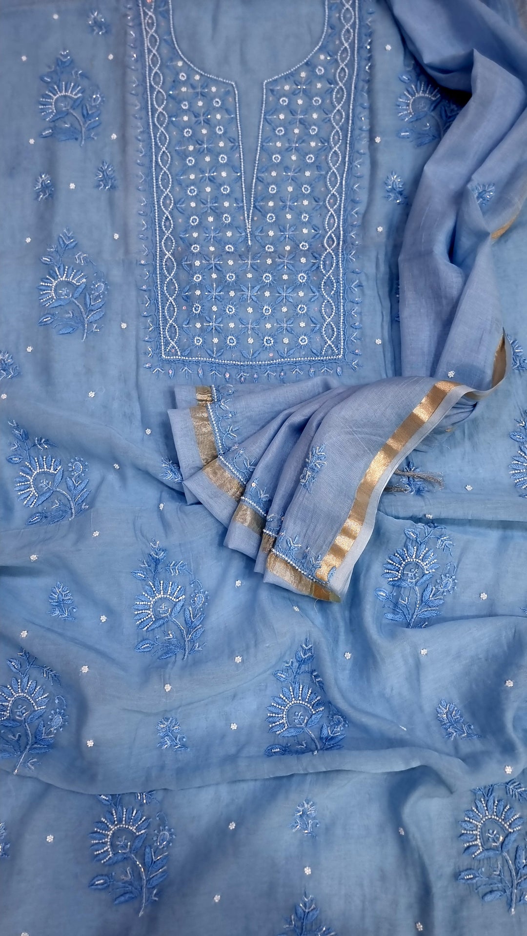 Premium Mul Chanderi Supersoft Dyeable Chikankari Dress Material | Hand Embroidered with Pearls & Cutdaana | Kurta & Dupatta Set