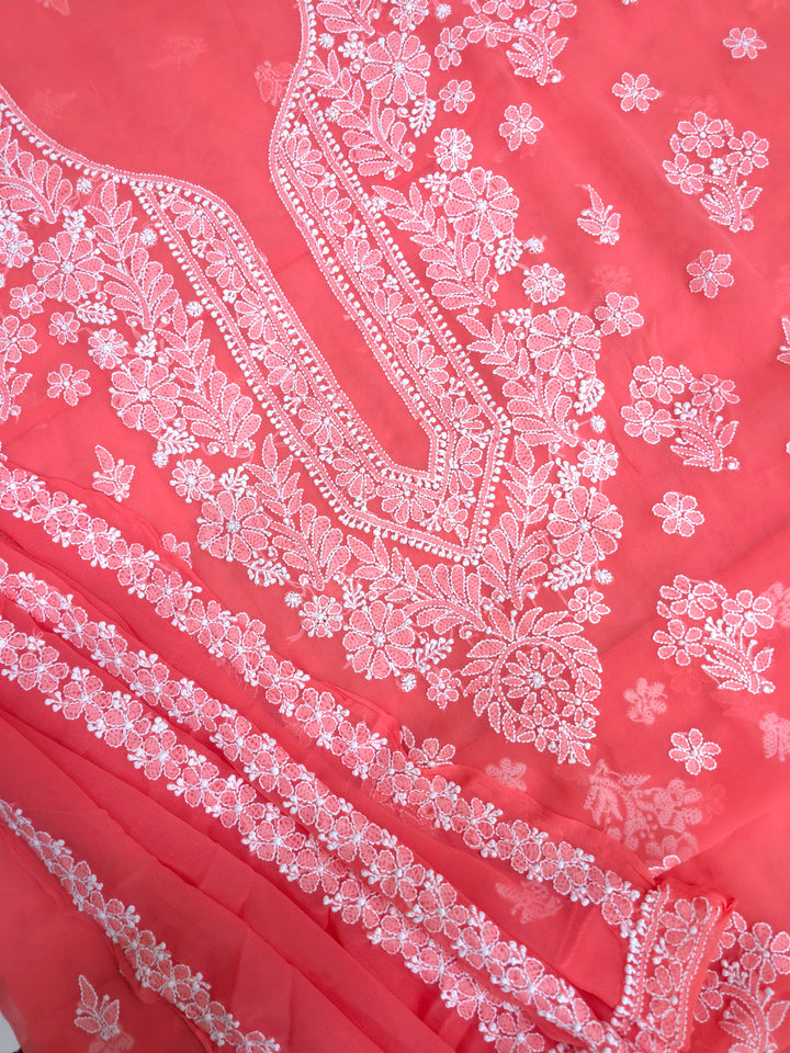 Lucknowi Georgette Chikankari Dress Material – Hand Embroidery Kurta, Bottom & Dupatta | Festive Queen Shades